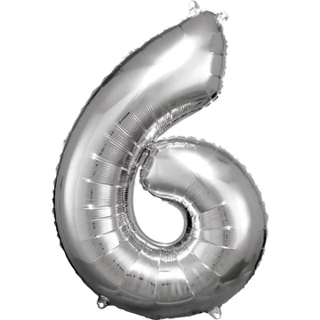 Ezüst Silver óriás szám fólia lufi 6-os, 86x58 cm