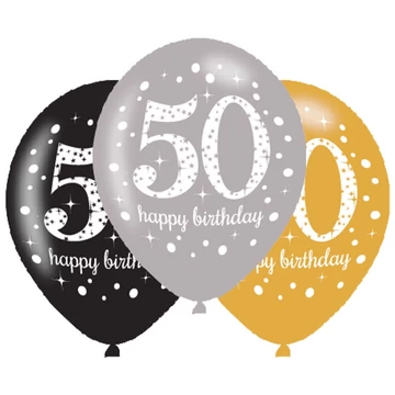 Happy Birthday 50 Gold léggömb, lufi 6 db-os 11 inch (27,5 cm)