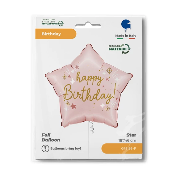 Happy Birthday Pink Star fólia lufi 46 cm
