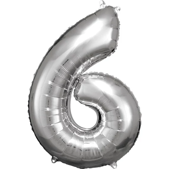 Ezüst Silver óriás szám fólia lufi 6-os, 86x58 cm