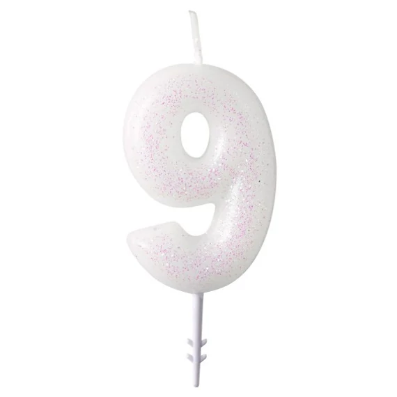 Fehér White csillámos gyertya 9-es 6,5 cm