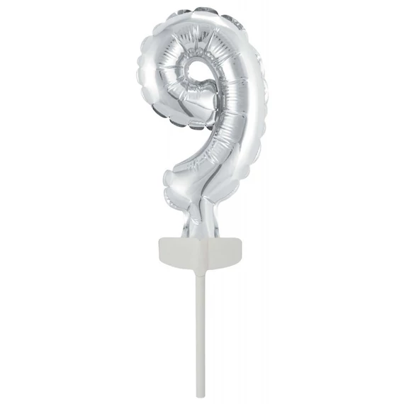 Ezüst Silver 9-es szám fólia lufi tortára 13 cm
