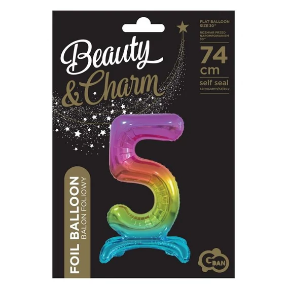 Színes Rainbow 5-ös szám fólia lufi talppal 74 cm
