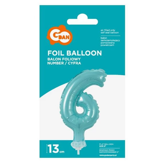 Kék 6-os Light Blue szám fólia lufi tortára 13 cm