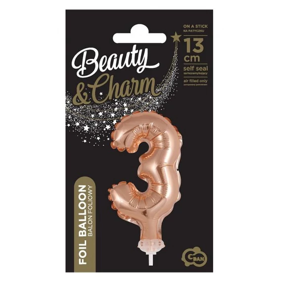 Rose Gold 3-as szám fólia lufi tortára 13 cm