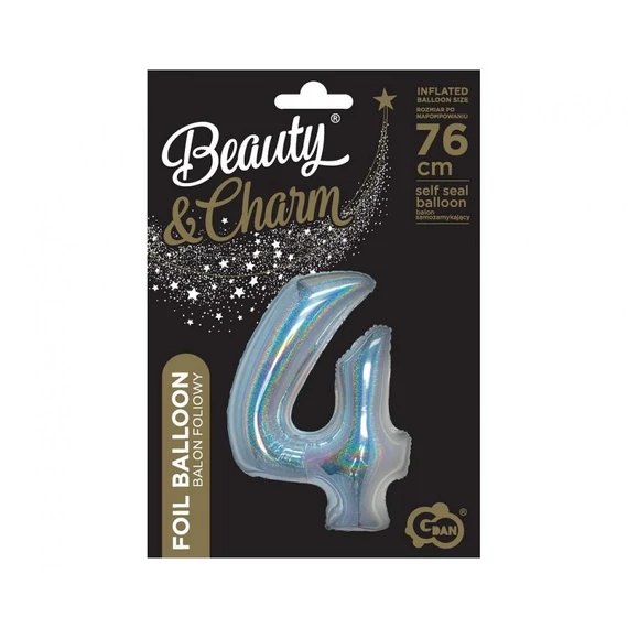 Ezüst Holographic 4-es szám fólia lufi 76 cm
