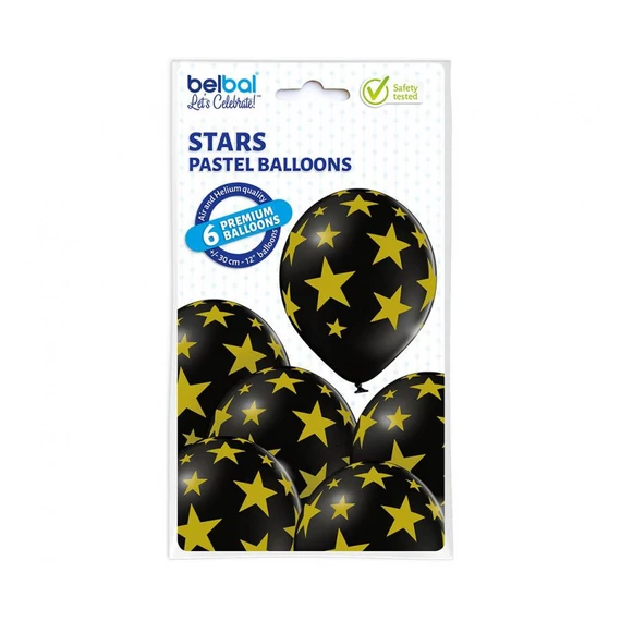 Csillagos Black Star léggömb, lufi szett 6 db-os 30 cm (12 inch)