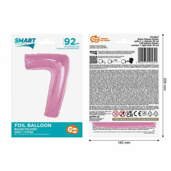 Rózsaszín 7-es Light Pink szám fólia lufi 92 cm